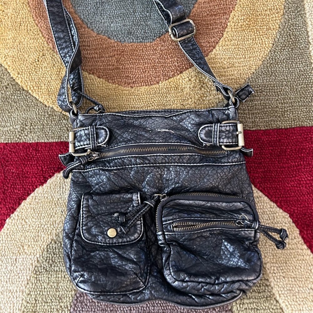 Charcoal Grey Y2K Style Faux Leather Crossbody Purse Bag with Zippers